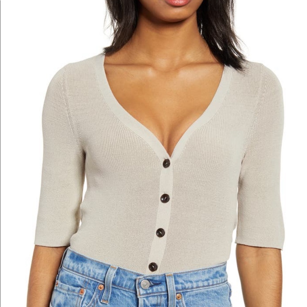 Button front short sleeve sweater cardigan